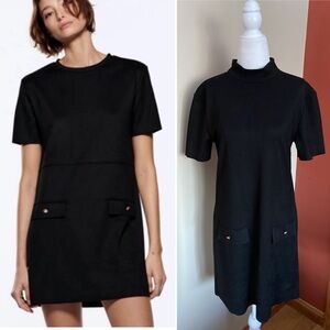 Zara faux suede mini black dress with faux pockets size S